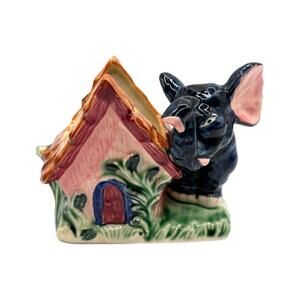 Vintage Blue Elephant Next to House Ceramic Planter